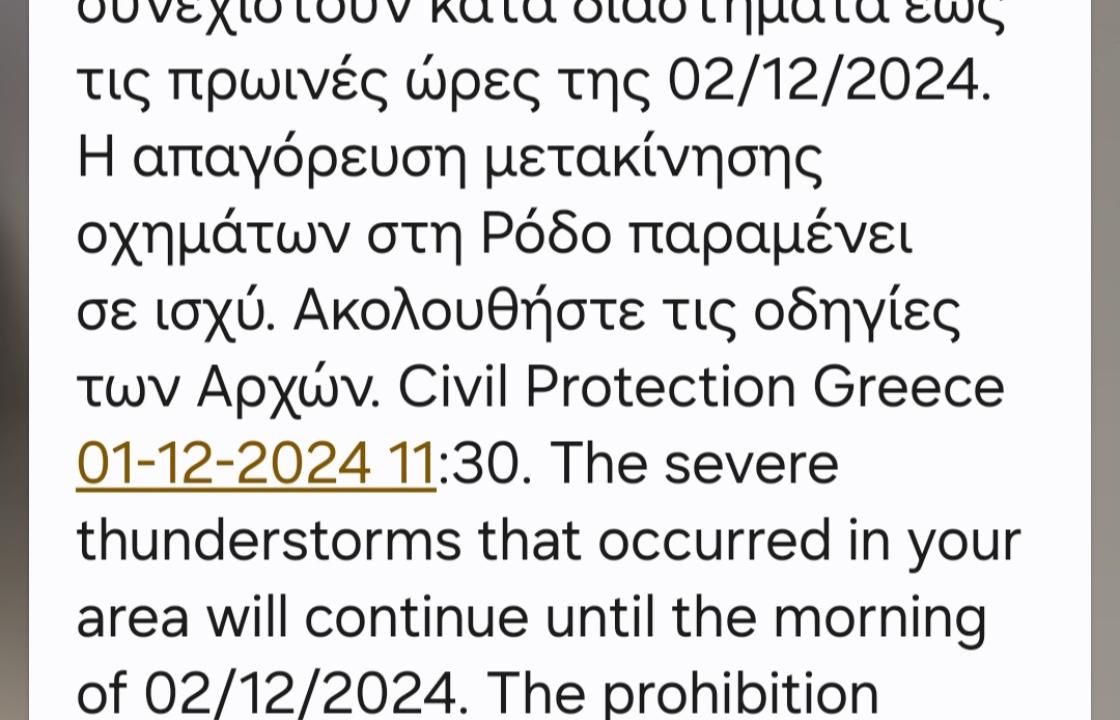 Έκτακτη Ειδοποίηση Πολιτικής Προστασίας για Ρόδο: Σε ισχύ απαγόρευση κυκλοφορίας λόγω κακοκαιρίας